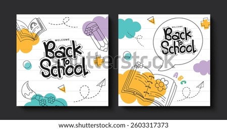 Back to school clipart poster set design. Welcome back to school greeting text clip art in speech bubble and paper space watercolor cloud background with drawing educational materials flat elements 