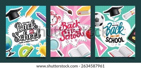Back to school clipart poster set. Welcome school educational greeting text clip art collection with colorful education items, elements and supplies banner vector illustration. 
