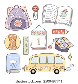 Back to school clipart. Retro school clipart. Groovy school planner stickers. School supplies clip art. Education clipart. Hand drawn vector illustration.