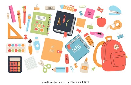 Back to school clipart or sticker set. School supplies elements in flat style for prints, cards, scrapbooking, paper crafts. Vector illustration