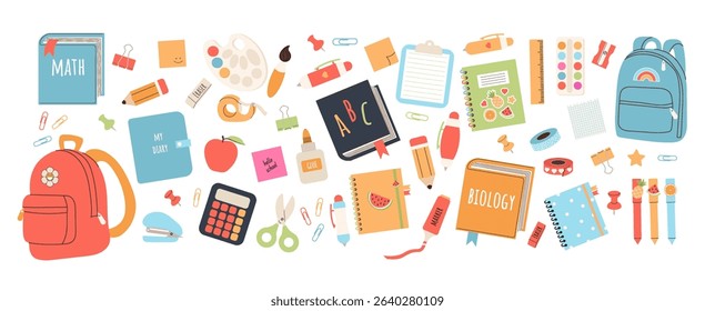 Back to school clipart or sticker set. School supplies elements in flat style for prints, cards, scrapbooking, paper crafts. Vector illustration