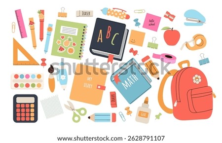 Back to school clipart or sticker set. School supplies elements in flat style for prints, cards, scrapbooking, paper crafts. Vector illustration