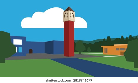 Back To School Clock tower in front of campus buildings with education building university