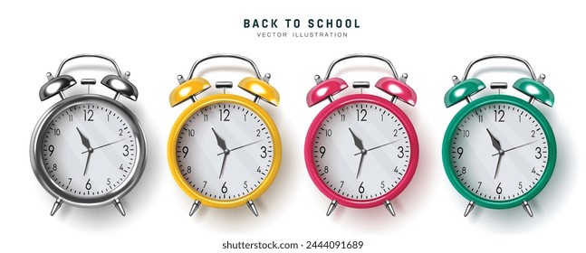 Diseño de set de Vector de reloj de vuelta a la escuela. Volver a la escuela con reloj despertador de oficina en color plata, amarillo y rosa aislado en fondo blanco. colección de despertador de la escuela de Ilustración vectorial.
