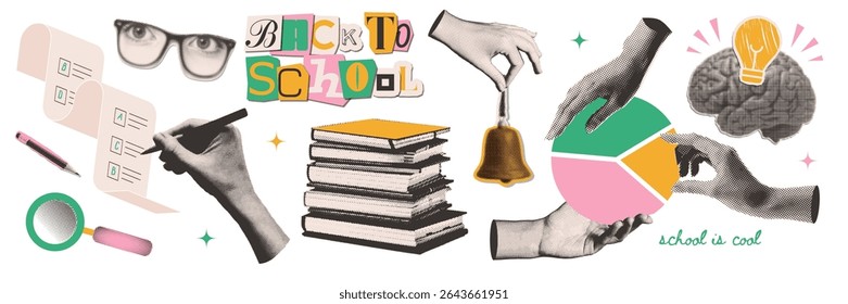 Back to School collage elements set on transparent background with halftone torn out stickers - stack of books, brain, hand writing, pencil and torn paper, evoking excitement for school. Vector