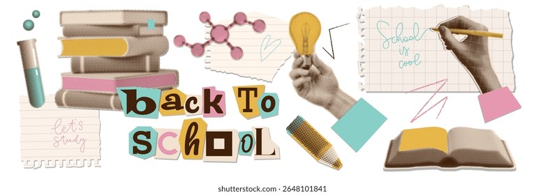 Back to School collage elements set on transparent background with halftone torn out stickers - stack of books, open book, hand writing, pencil and torn paper, evoking excitement for school. Vector