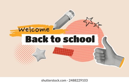 Back to school collage with halftone hand with thumbs up gesture, pencil and star, chalk drawing graphics and lined paper shape on background. Vector illustration. Education concept.