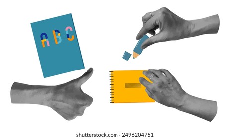 Back to school collage halftone hands set. Trending design postcard, notebook, banners. Vector illustration.