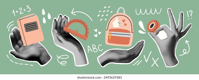 De vuelta a la escuela collage manos puestas. Señales de gestos de Vector de moda. Formas modernas para la tarjeta, impresión en tela. Manos en semitono.