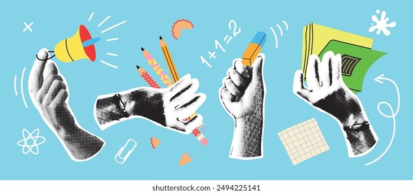 Back to school collage hands set. Halftone hands holding stationery. Trendy vector gesture signs. Modern forms for card, print on cloth.