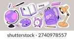 Back to school collage set with backpack, book, globe, pen and other educational elements. Math, geography, literature, fine art subjects. Vector illustration.