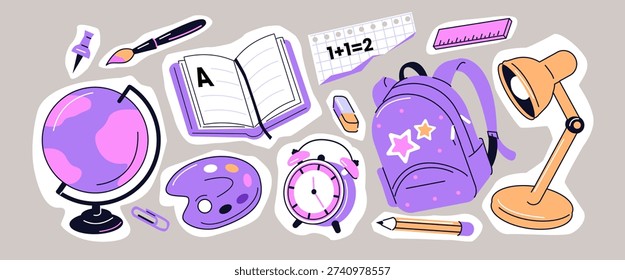 Back to school collage set with backpack, book, globe, pen and other educational elements. Math, geography, literature, fine art subjects. Vector illustration.