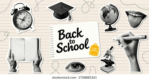 back to school collage set concept alarm clock graduation cap globe book in hands microscope pencil cut-out dotted halftone education learning elements backpack icon lined notebook paper background