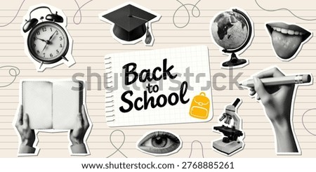 back to school collage set concept alarm clock graduation cap globe book in hands microscope pencil cut-out dotted halftone education learning elements backpack icon lined notebook paper background