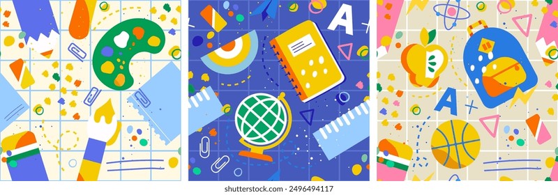 Back to school! Collection of 3 seamless patterns. Simple, bright, childish design with school supplies. Great for wrapping, office products, notebooks, advertising, packaging. 