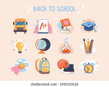 Back to school collection of badges or stickers for students with school supplies, school bus, globe, chemical flask, sports items and alarm clock. Set of colored flat Cartoon Vector Illustrations