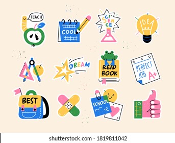 Back to school collection of badges for students with school supplies. Vector illustration