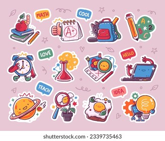 Back to school collection of badges for students with school supplies. Vector illustration