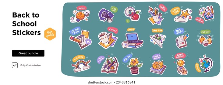 Back to school collection of badges for students with school supplies. Vector illustration