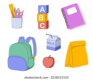 Back to school collection of badges for students with school supplies. Vector illustration. Cute school stationery and Art Supplies Set, cartoon. Kawaii accessories for study, student equipment