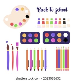 Back to school collection. Brushes, pens, pencils, palette of paints, paints in tubes, palette, strokes. School supplies. Creativity. Colorful. Vector illustration 8 eps