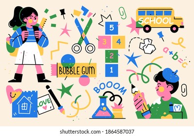 Back to school collection of characters and elements. Vector illustration