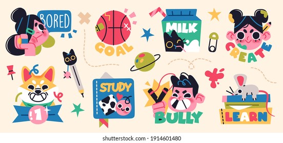 Back to school collection of characters and elements. Vector illustration