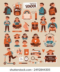 Back to school. Collection cliparts with school accessories, school boys and girls. Big set of vector illustrations with backpack, notebook, school bag, scooter, blackboard, notebook. Flat design.	