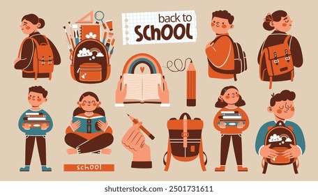 Back to school. Collection cliparts with portraits of school boys and school girls. Big set of vector illustrations of kids with backpack, books, notepad, school bag, accessories. Flat design.