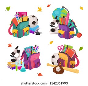 Back to school. Collection of colorful school backpacks compositions. Schoolbags full of study supplies isolated on white background. Vector illustration.