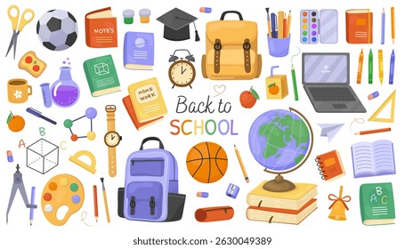 Back to school collection, colorful cute illustrations. Set of school supplies. Globe, backpack, books, watches, notebooks, pencils, laptop.