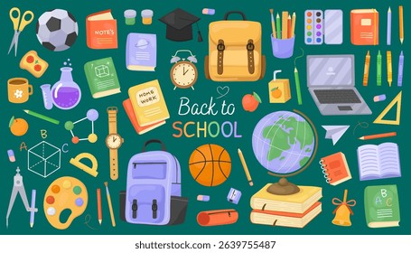 Back to school collection, colorful cute illustrations. Set of school supplies. Globe, backpack, books, watches, notebooks, pencils, laptop. Green background.