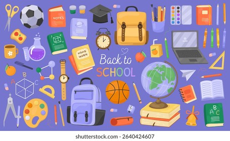 Back to school collection, colorful cute illustrations. Set of school supplies. Globe, backpack, books, watches, notebooks, pencils, laptop. Blue background.