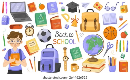 Back to school collection, colorful cute illustrations. Set of school supplies. Globe, backpack, books, watches, notebooks, pencils, laptop, boy student.