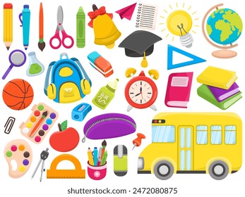 Back to school collection of different kids supplies. Colorful cute flat style design