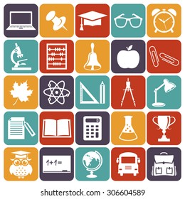 Back to school. Collection of education and science icons. White symbols on colorful plates. Vector illustration.