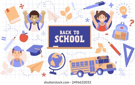 Back to school collection of graphic elements. Cute flat illustration of happy kids, stationery and bus. Set of education labels or stickers with paper background.