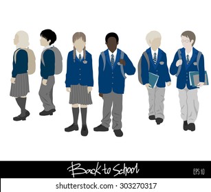 Back to school collection. Group of vector students from elementary school. Boys and girls going to school. Easy to change color