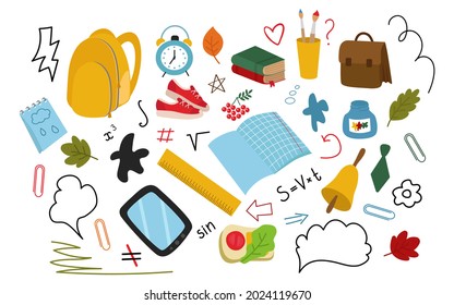 Back to school, a collection of hand-drawn clipart. Backpack, accessories, brushes, sneakers, ruler, tablet, alarm clock, notebook. Vector illustration isolated on a white background.