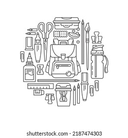 Back to school collection icons. Vector, line illustration. A set of school stationery. 