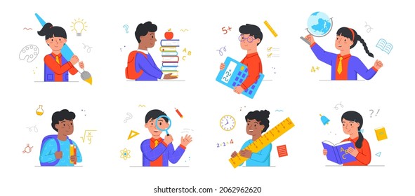 Back to school. Collection of images with boys and girls. education, knowledge, textbooks. Set of images with students. Math, geometry. Cartoon flat vector illustrations isolated on white background