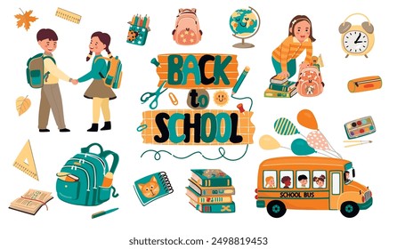 Back to school collection with kids,textbook,school bus,backpacks.Horizontal banner with school supplies and hand written.Vector designs set isolated on white.Teaching concept cartoon illustration.