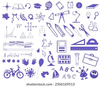 Back to school. Collection of outline icons and school children items. Vector illustration.
