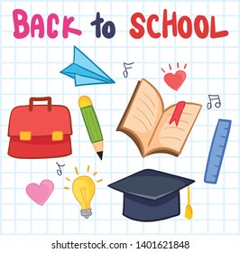 Back to school collection. Paper plane, Schoolbag, book, Pencil, Ruler on grid background.