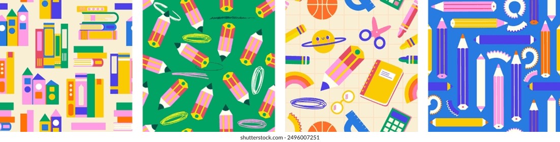 Back to school! Collection of seamless patterns. Simple, bright, childish design with school supplies. Great for advertising, wrapping, art classes, kindergarten and more