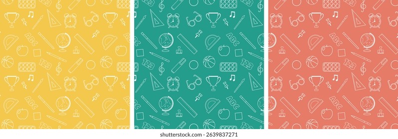 Back to school. Collection of seamless repeating patterns in line style. Vector illustration.