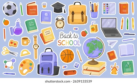 Back to school collection, stickers, cute illustrations on blue background. Set of school supplies. Globe, backpack, books, watches, notebooks, pencils, laptop.