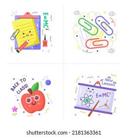 Back to school collection of Stickers for students with school supplies. Vector illustration