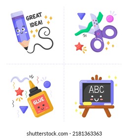 Back to school collection of Stickers for students with school supplies. Vector illustration