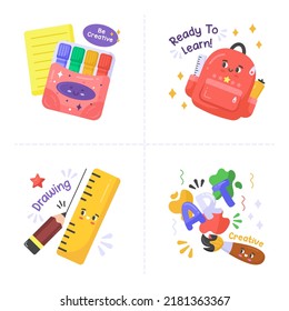 Back to school collection of Stickers for students with school supplies. Vector illustration